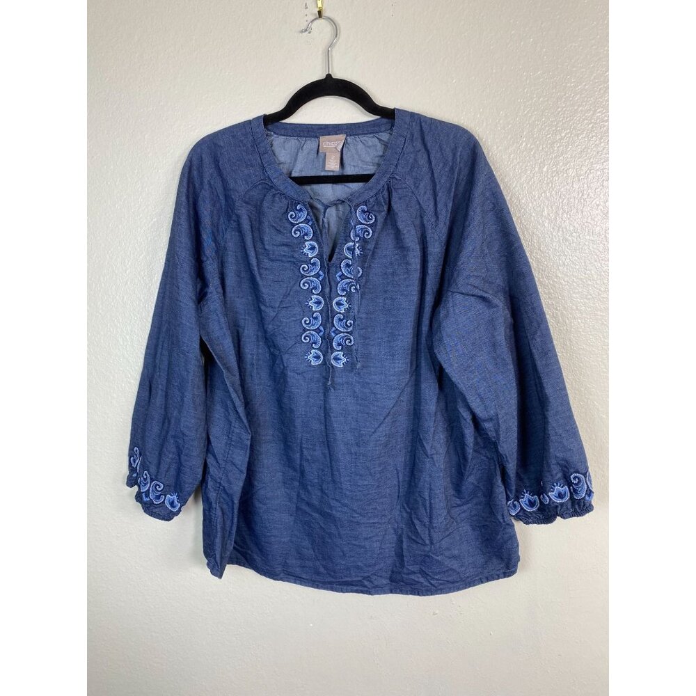 Chicos 2 Blue Embroidered Long Sleeve Tunic Boho Top Size Large Peasant Prairie